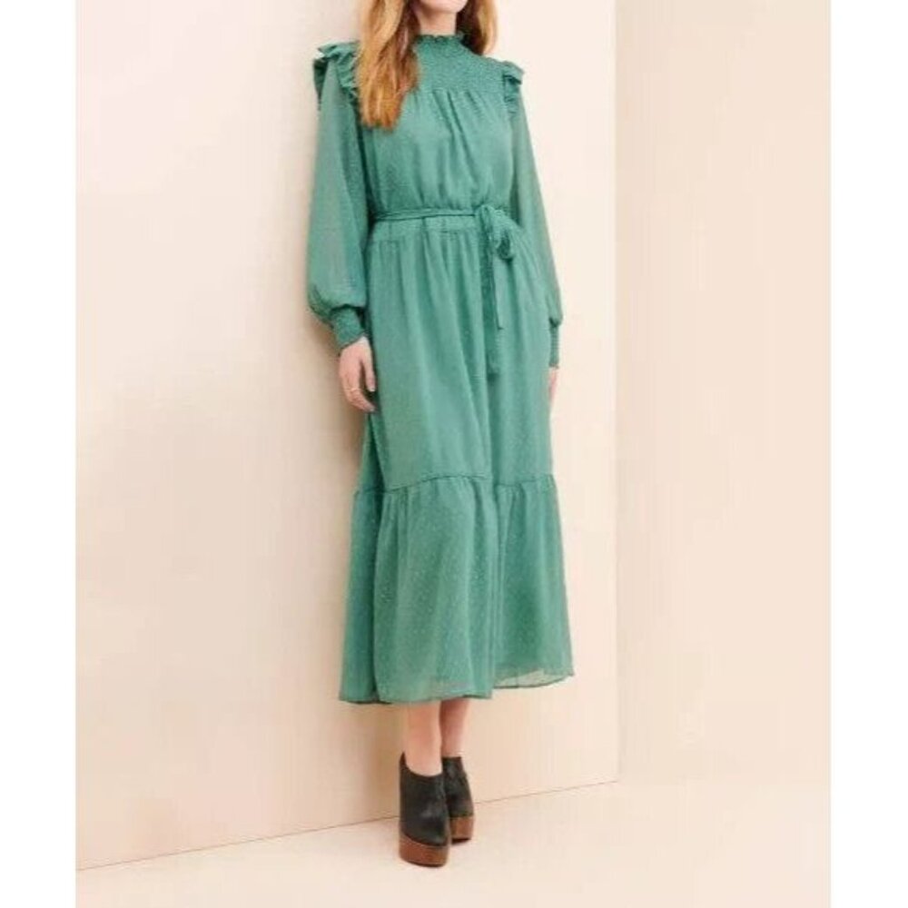 English Factory Ruffle maxi belted dress fluttery Ruffle long Sleeves- M- Green